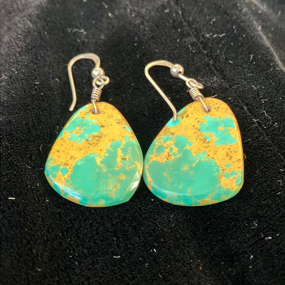 Handmade by Native artist in New Mexico, green turquoise w gold threads of color